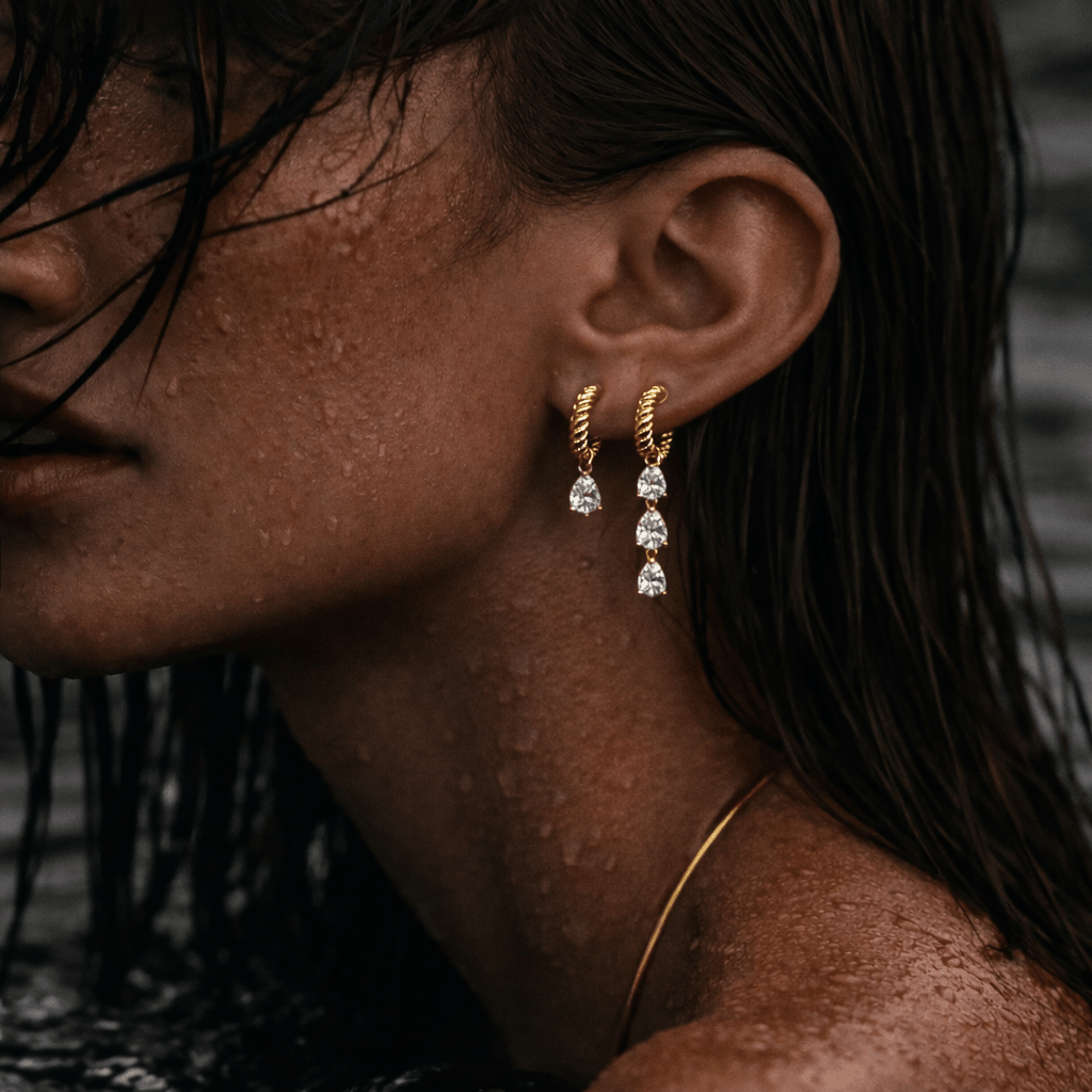 Diamond Triple Pear Drop Rope Huggies - NOA Jewels - 