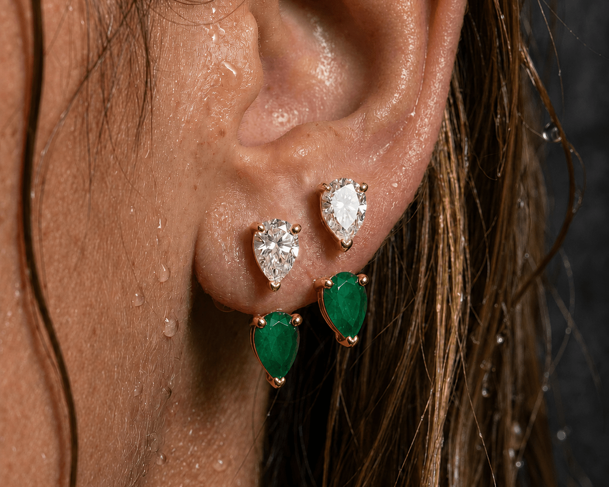 Floating Double Diamond Studs Emerald - NOA Jewels - 