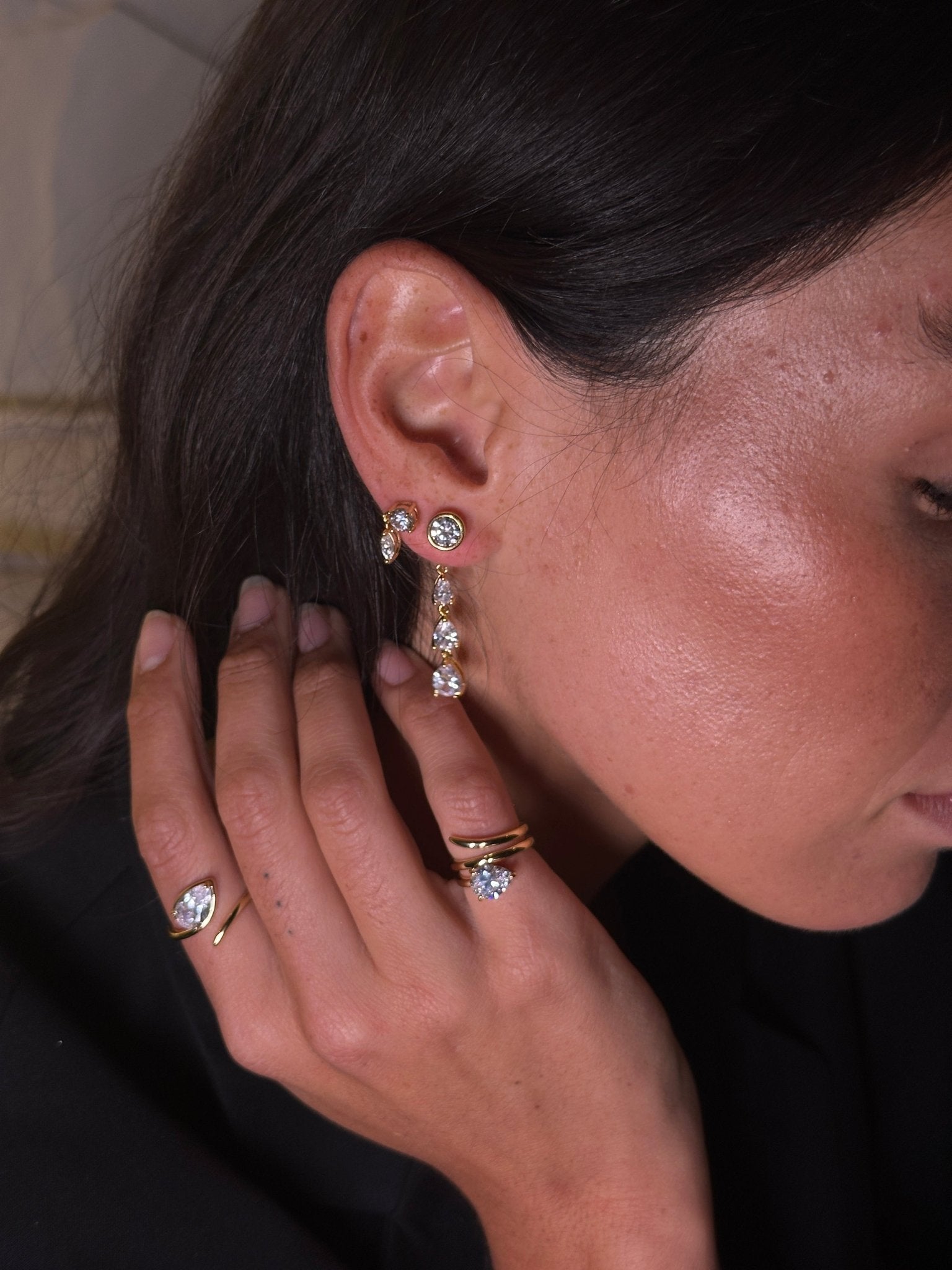 The Diamond Convertible - 2 - in - 1 Bezel Stud & Pear Cascade Back Drop Earrings - NOA Jewels - 